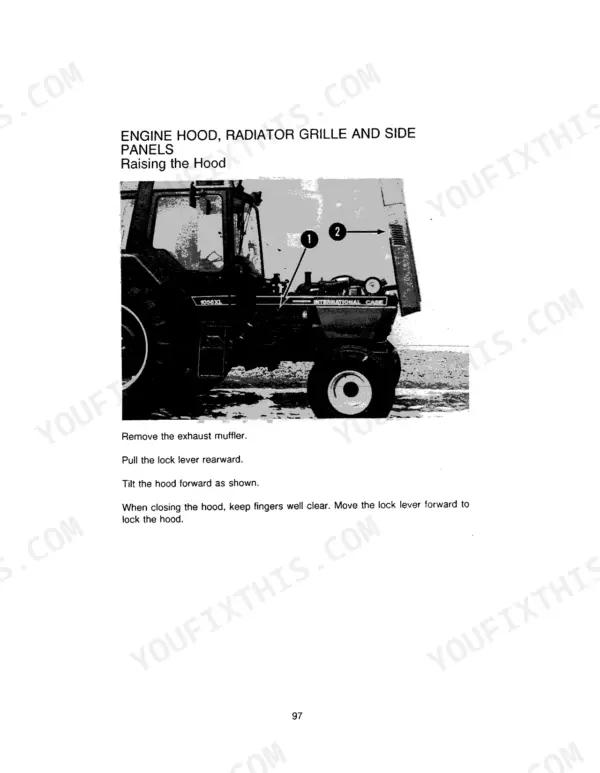 Case IH 956, 956XL, 1056, 1056XL manual page showing procedure for raising the engine hood and radiator grille.