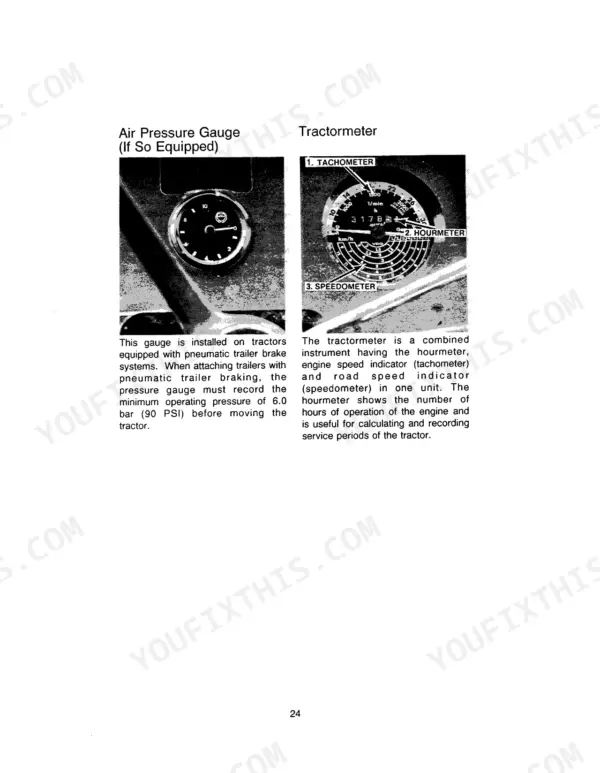 Case IH 956, 956XL, 1056, 1056XL air pressure gauge and tractormeter instrument cluster operation guide.