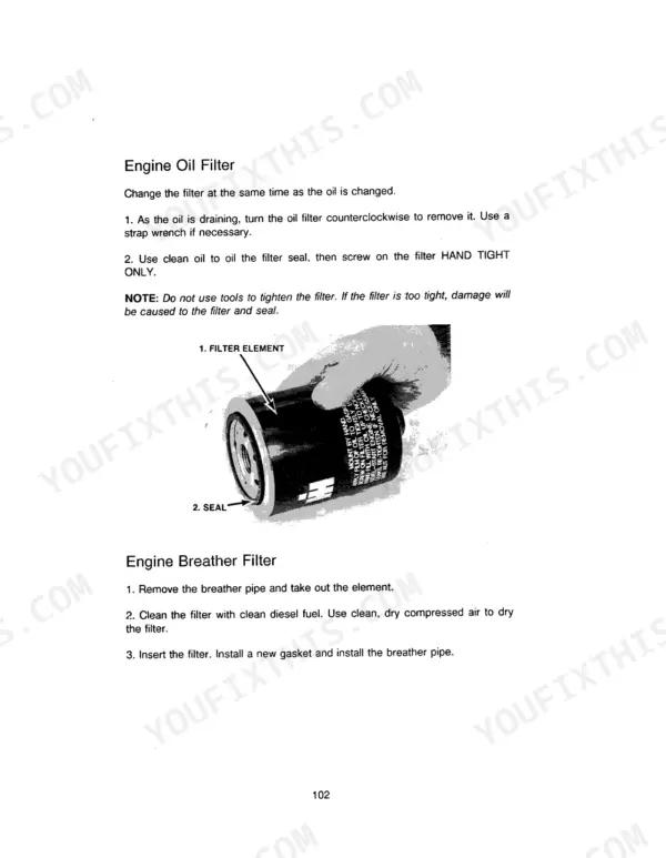 Case IH 956, 956XL, 1056, 1056XL engine oil filter replacement and engine breather filter cleaning procedures.