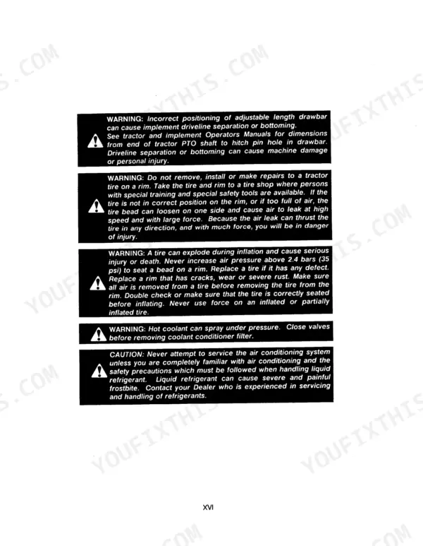 Case IH 956, 956XL, 1056, 1056XL safety warnings for drawbar, tire inflation, coolant, and air conditioning service.