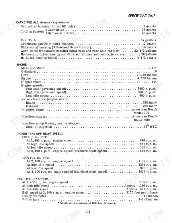 Case IH 966, 966 Tractor specifications table for fluid capacities, engine D-414, PTO speeds, and belt pulley speeds.