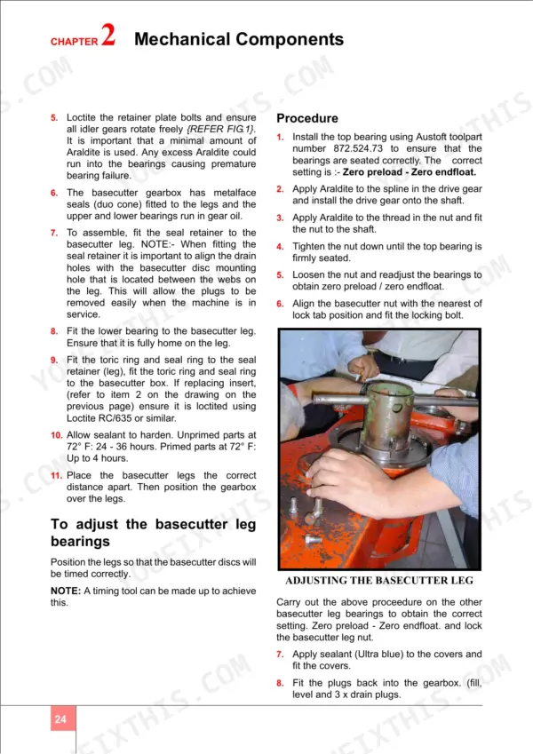Case IH A7000, A7700, 7000, 7700 basecutter leg bearing adjustment and assembly procedures with photo.