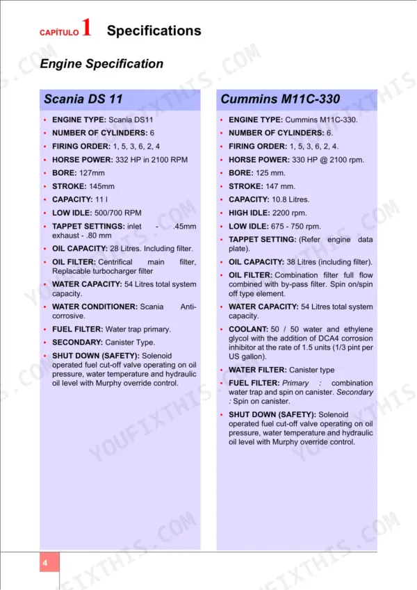 Case IH A7000, A7700, 7000, 7700 engine specifications table for Scania DS 11 and Cummins M11C-330 diesel engines.