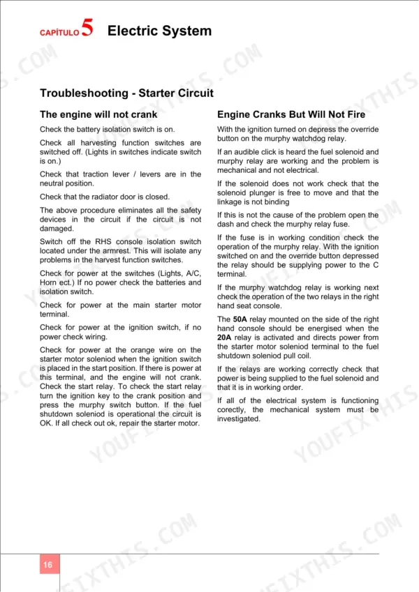 Case IH A7000, A7700, 7000, 7700 electric system troubleshooting guide for starter circuit and engine crank issues.
