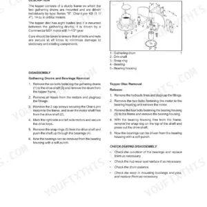Case IH A8000, A8800 topper assembly exploded view, gathering drum removal, and topper disc disassembly procedures.