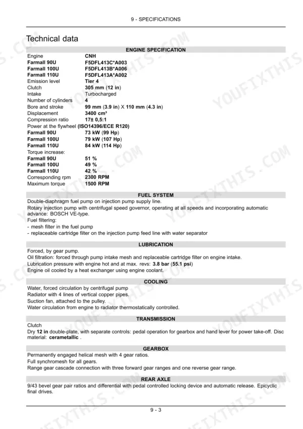 Case IH 95U, 105U, 115U tractor engine, fuel, lubrication, cooling, transmission, and axle technical specifications.