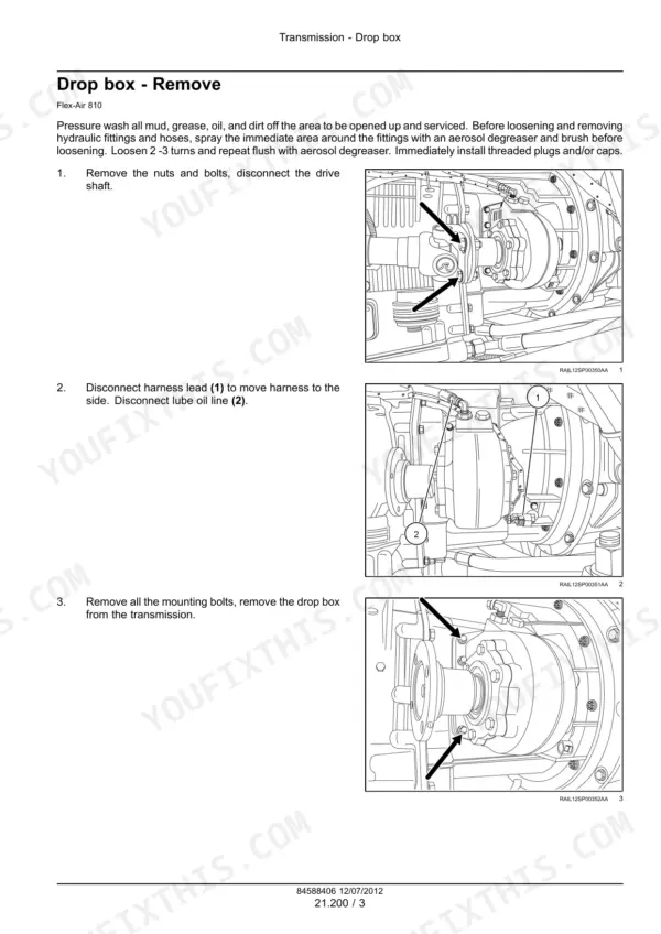 Case IH Flex Air 810, Flex Air 810 Applicator: Step-by-step procedure to remove the transmission drop box.