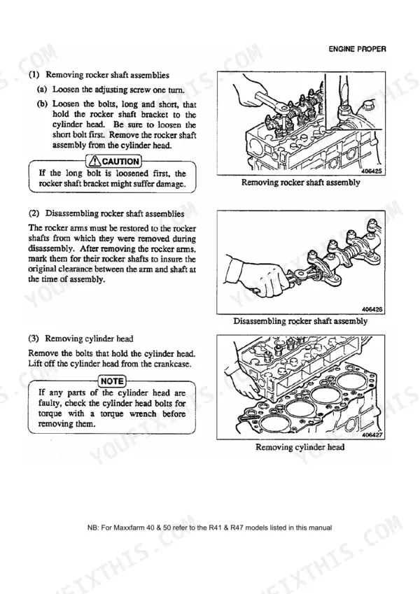 Case IH MAXXFARM 40, MAXXFARM 50, R41, R47, S4Q-Y161GT, S4Q2-Y161GT procedures for removing rocker shaft and head.