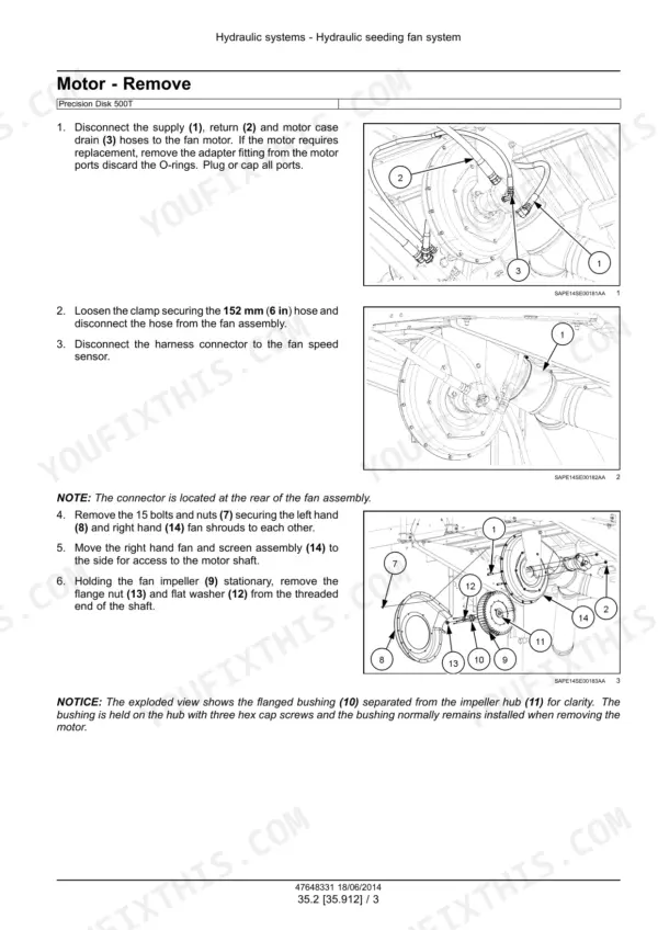 Case IH 500/500T Precision Disk Drill hydraulic seeding fan motor removal procedure diagrams.