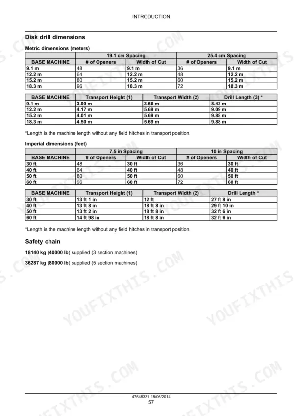Case IH 500/500T Precision Disk Drill disk drill dimensions, transport specs, and safety chain ratings.