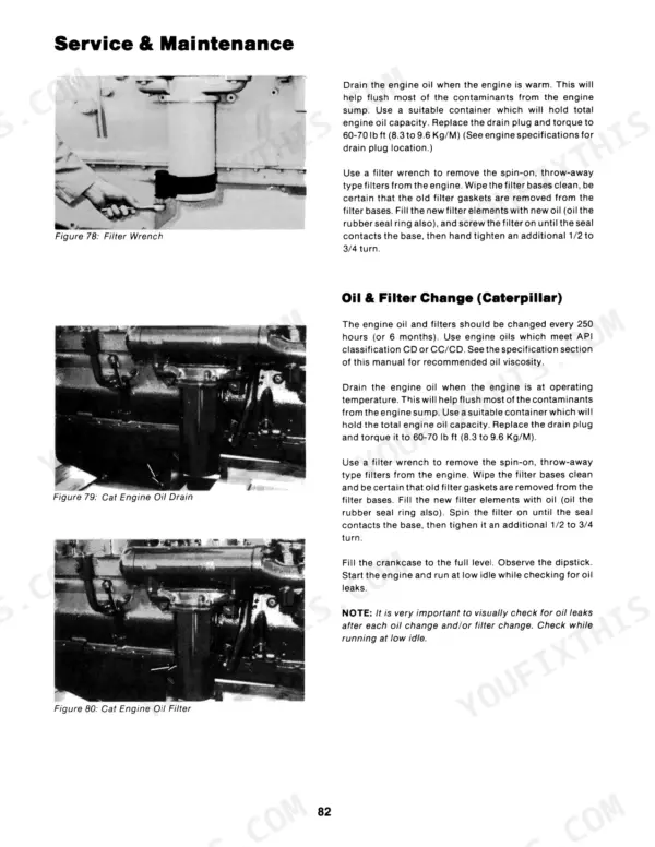 Case IH CM-225...ROPS Model 1001: Caterpillar engine oil and filter change service procedures and drain plug torque specs.