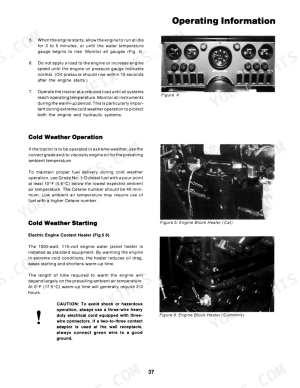 Case IH CM-225... ROPS Model 1001: Cold weather operating procedures, instrument panel, and engine block heater locations.