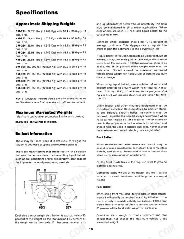 Case IH CM-225 to SM-360 tractors specifications, shipping weights, and liquid ballast distribution instructions.