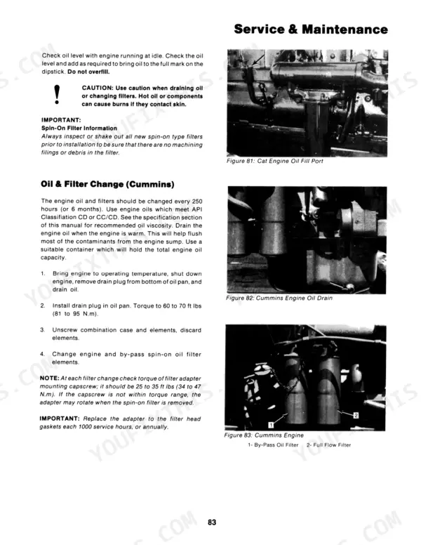 Case IH CM-225... ROPS Model 1001 manual page showing Cummins engine oil and filter change procedures and filter locations.