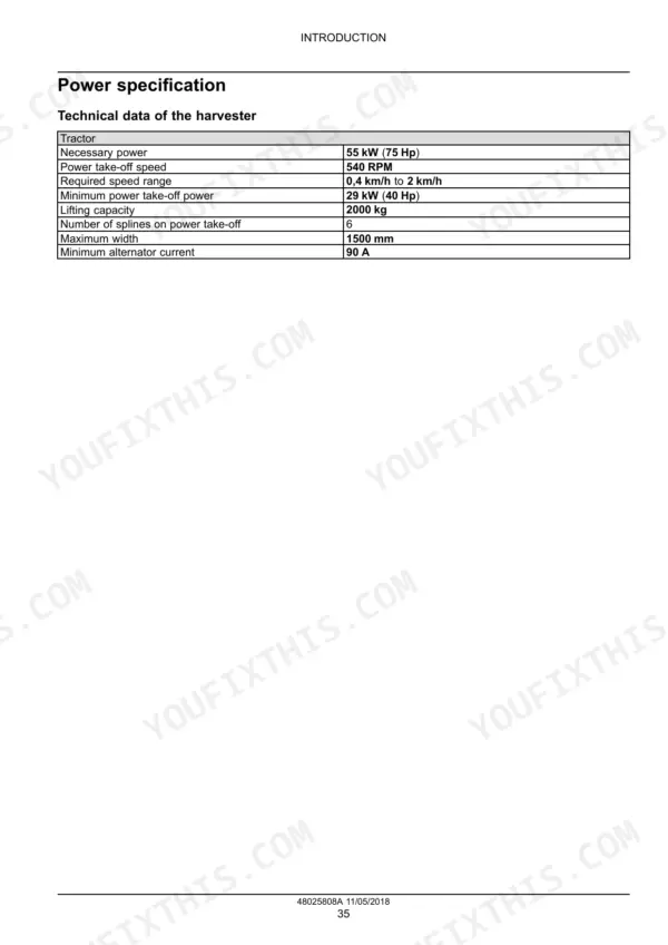 Case IH Coffee Express 100 Harvester Service Manual power specification technical table.