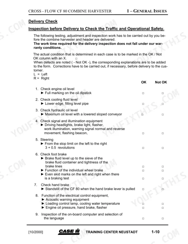 Case IH CROSS-FLOW CF 80 delivery check inspection checklist for traffic and operational safety systems.
