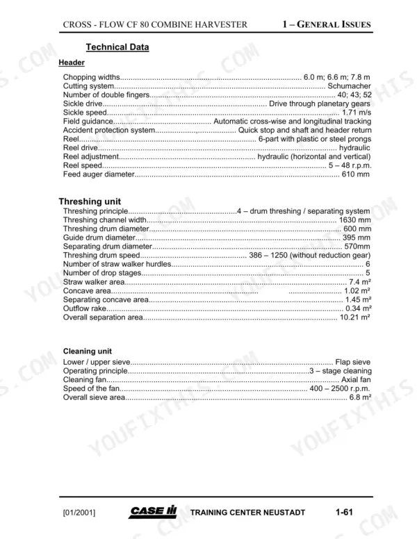 Case IH CROSS-FLOW CF 80 technical data specifications table for header, threshing unit, and cleaning unit components.