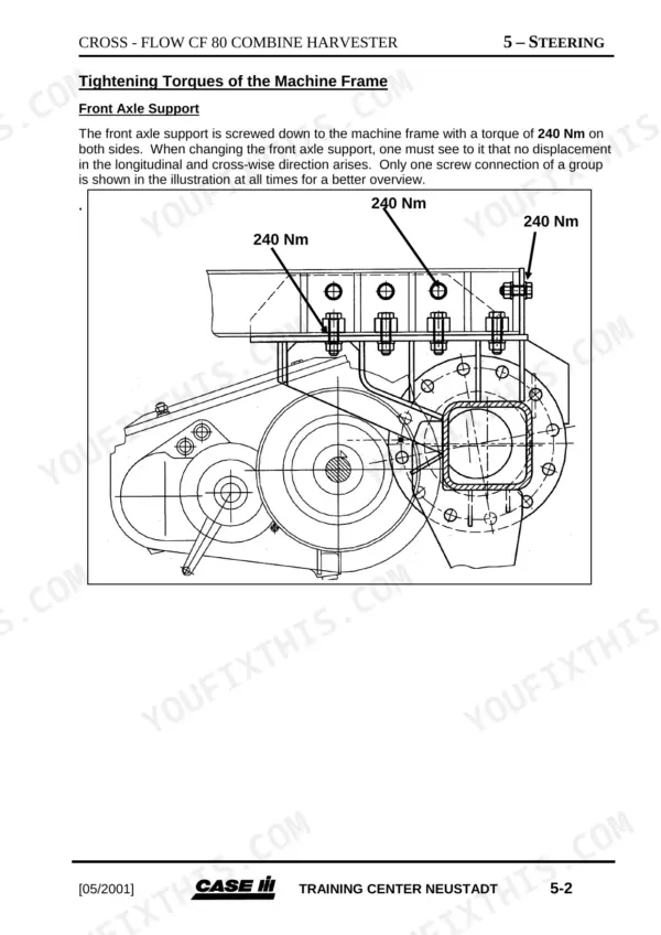 Case IH CROSS-FLOW CF 80 steering system diagram showing front axle support machine frame tightening torque of 240 Nm.