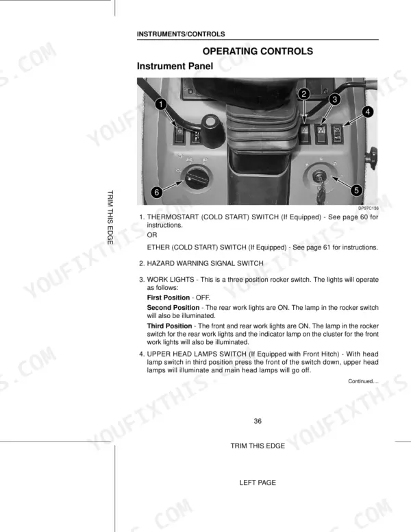 Case IH CX50-CX100 Tractors instrument panel controls diagram showing cold start, hazard, work light, and head lamp switches.