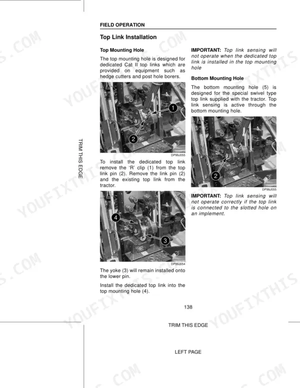Case IH CX50-CX100 Tractors: Field operation guide for top link installation, mounting hole selection, and pin removal procedures.