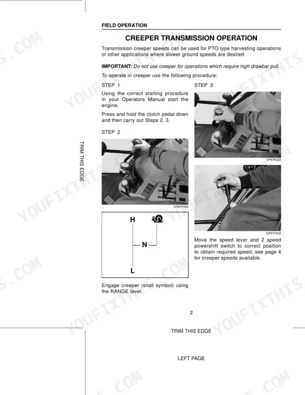 Case IH CX50-CX100 Tractors: Creeper transmission operation procedure, range lever diagram, and gear shift photos.