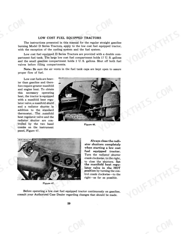 Case IH D Series Tractors: Low cost fuel manifold, shield, and heat regulator control crank operation instructions.