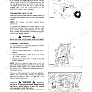Case IH D35, D40, D45, DX35, DX40, DX45 key switch, pre-heating, and engine starting operation procedures.