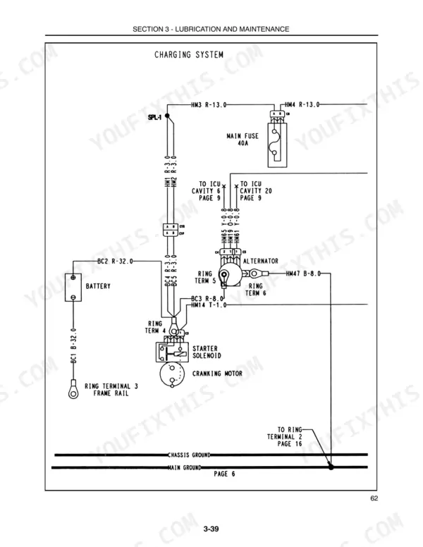 Case IH D35, D40, D45, DX35, DX40, DX45 charging system wiring diagram showing battery, alternator, and starter solenoid.