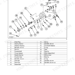 Case IH D35, DX35, D40, DX40, D45, DX45 exploded view of the driveline gearbox housing and forward output shaft components.