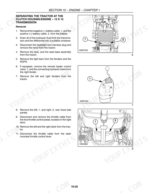 Case IH D35, DX35, D40, DX40, D45, DX45 procedure for separating tractor at clutch housing and engine removal.