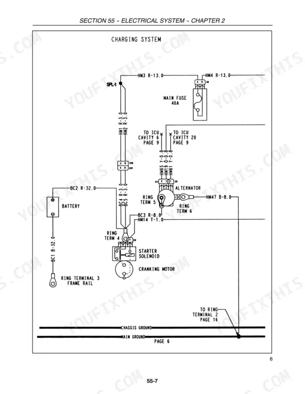 Case IH D35, DX35, D40, DX40, D45, DX45 charging system wiring diagram showing battery, alternator, and starter solenoid.