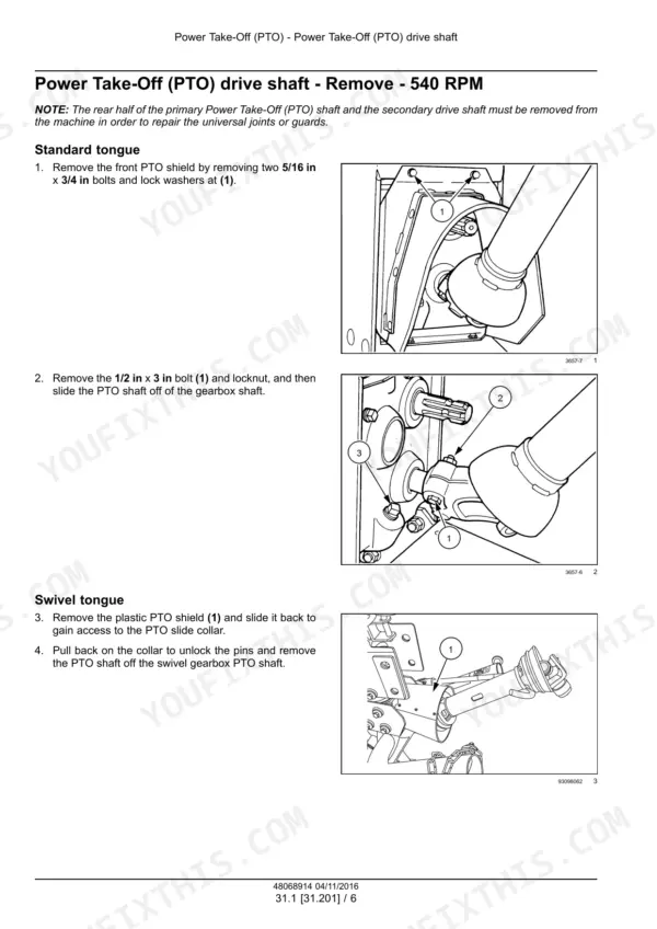 Case IH DC102, DC102 Disc Mower Conditioner, Disc Mower Conditioner: PTO drive shaft removal procedure and diagrams.