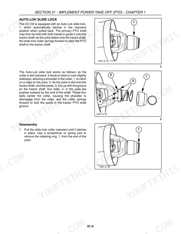 Case IH DC132 PTO Auto-Lok slide lock operation and disassembly procedures with component diagrams.