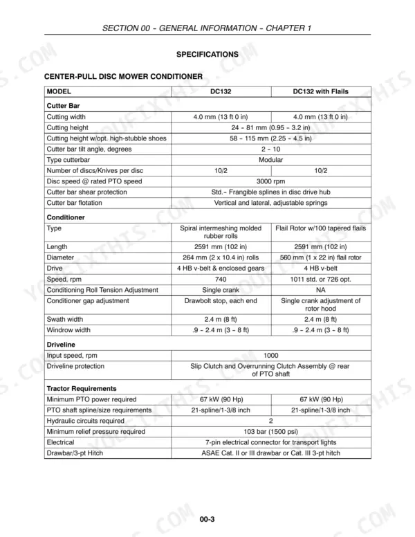 Case IH DC132 disc mower conditioner specifications table for cutter bar, conditioner, driveline, and tractor requirements.