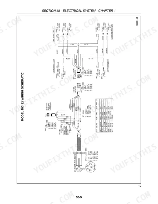 Case IH DC132 electrical wiring schematic for lighting control module, trailer harness, and 7-pin tractor receptacle.