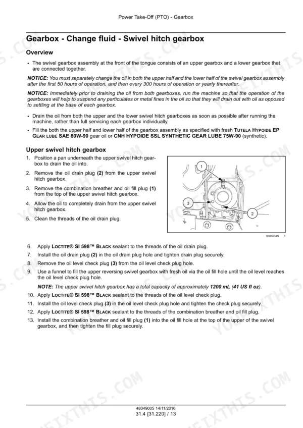 Case IH DC133/DC163 Disc Mower Conditioner: Procedure to change oil in the upper swivel hitch gearbox with component diagram.