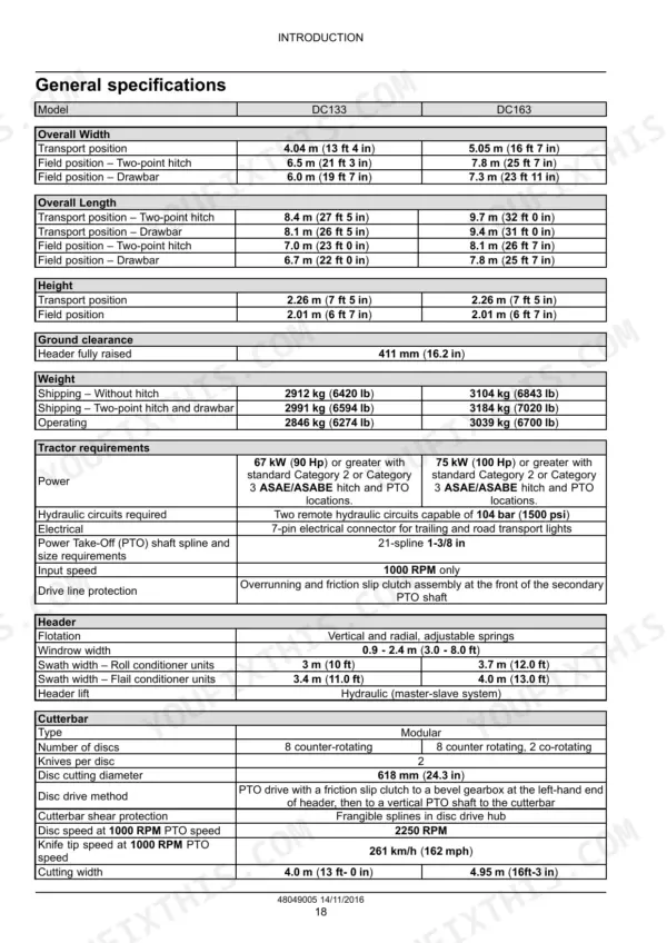 Case IH DC133/DC163 Disc Mower Conditioner general specifications table including dimensions, weight, and tractor requirements.