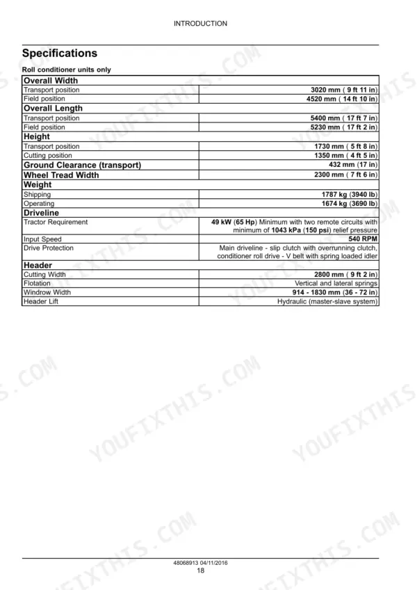 Case IH DC92, DC92 Disc Mower Conditioner specifications table for roll conditioner units including dimensions and weight.