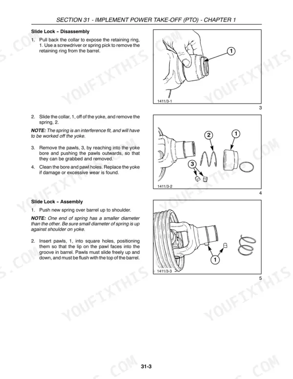 Case IH DCX101 PTO slide lock disassembly and assembly procedures with component diagrams for collar, spring, and pawls.