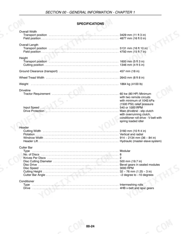 Case IH DCX101 specifications table listing dimensions, weight, driveline, header, cutter bar, and conditioner details.