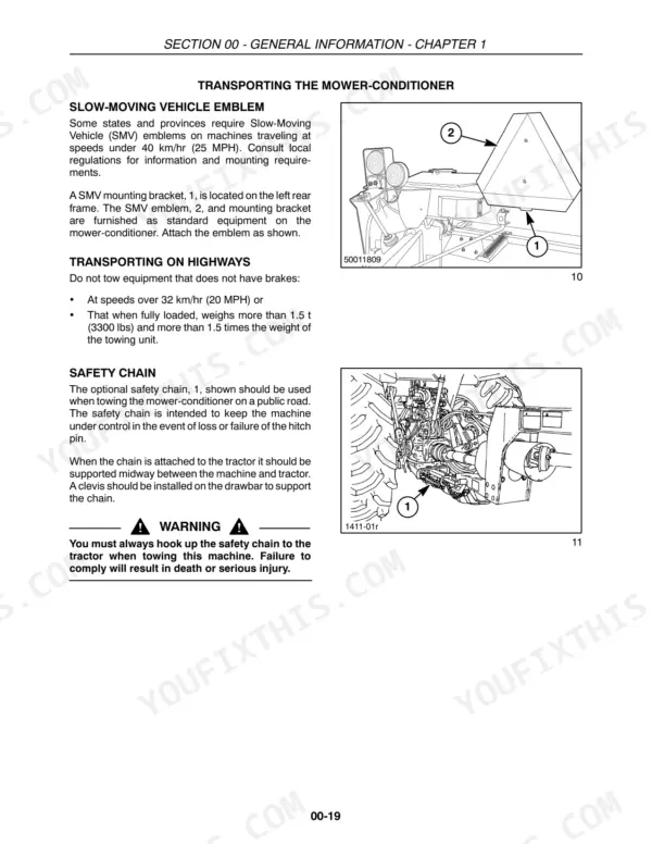 Case IH DCX101 transport procedures for SMV emblem mounting and safety chain attachment for highway towing.