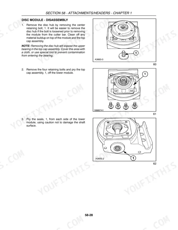 Case IH DCX131 disc module disassembly procedure showing hub, cap assembly, and seal removal diagrams.
