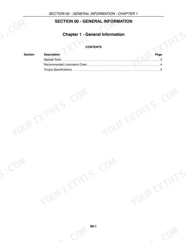 Case IH DCX131 service manual Section 00 General Information table of contents for tools, lubrication, and torque specs.