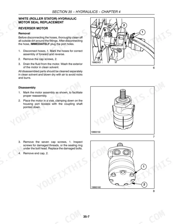 Case IH DH182, DH212, DH252, DH302, DH362 hydraulic motor seal replacement and reverser motor disassembly procedure.