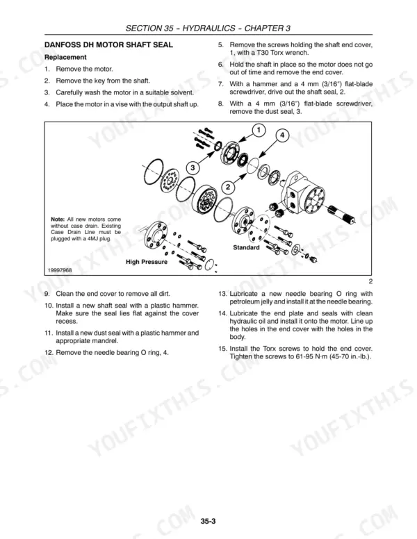 Case IH DHX182, DHX212, DHX252, DHX302, DHX362 Danfoss DH motor shaft seal replacement procedure and exploded view.