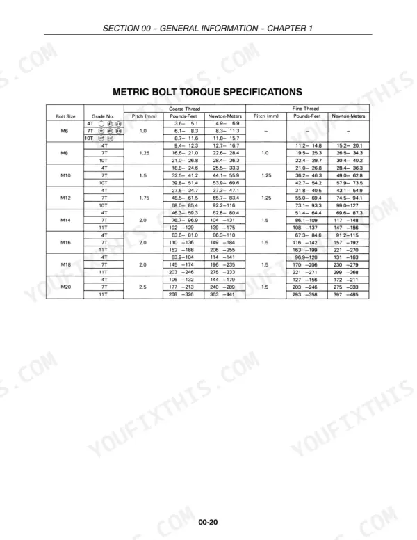 Case IH DX18E, DX22E, DX24E, DX25E metric bolt torque specifications table for coarse and fine thread fasteners.