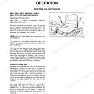Case IH DX18E, DX22E, DX25E, MWX154S, MWX160S Tractors: Seat adjustment and seat belt operation diagram and instructions.