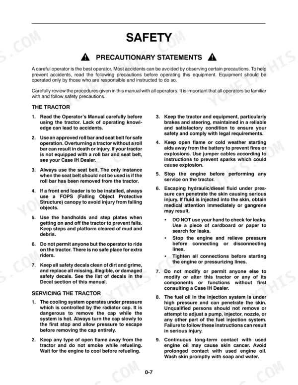 Case IH DX18E, DX22E, DX25E, MWX154S, MWX160S Tractors safety manual page listing tractor and servicing precautions.
