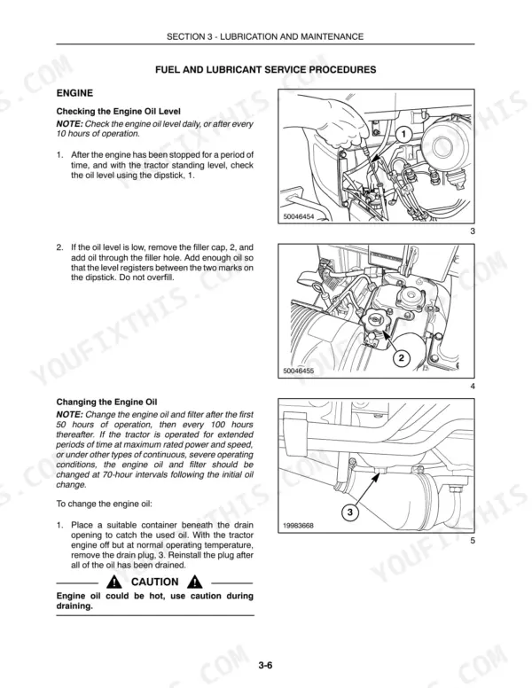 Case IH DX18E, DX22E, DX25E, MWX154S, MWX160S Tractors: Engine oil level check, filler cap, and drain plug service procedures.