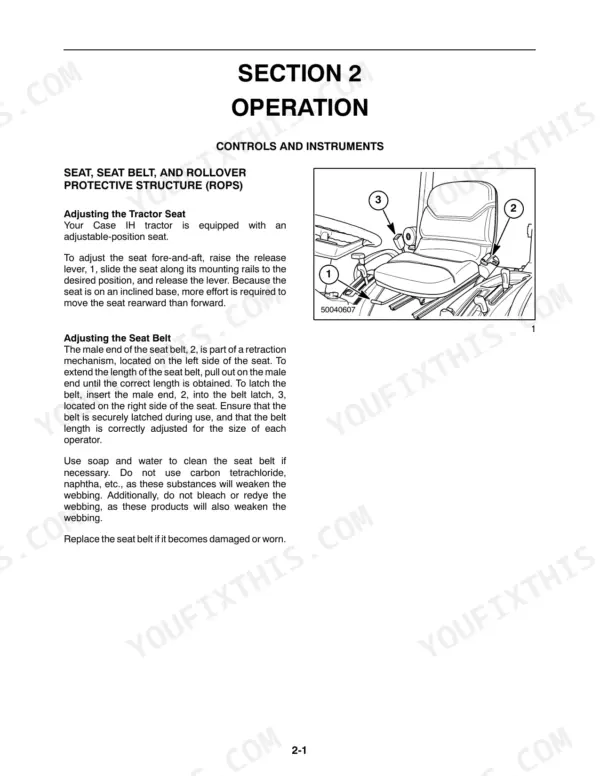 Case IH DX18E, DX24E, MWX154S, MWX160S seat and seat belt adjustment procedures and diagram.